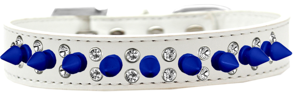 Double Crystal and Blue Spikes Dog Collar White Size 12